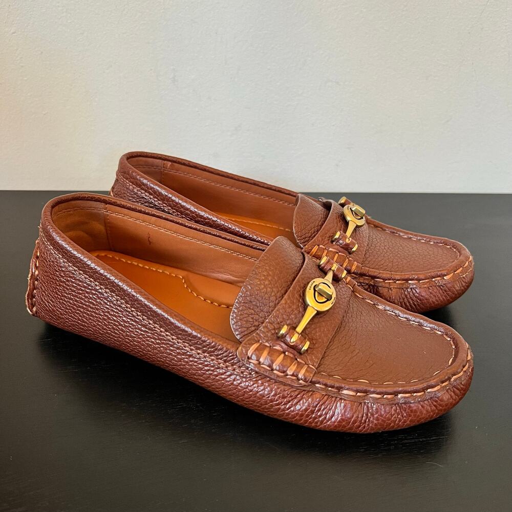 Coach Crosby Turnlock Driver Pebbled Leather Loafers 6.5B Saddle Brown